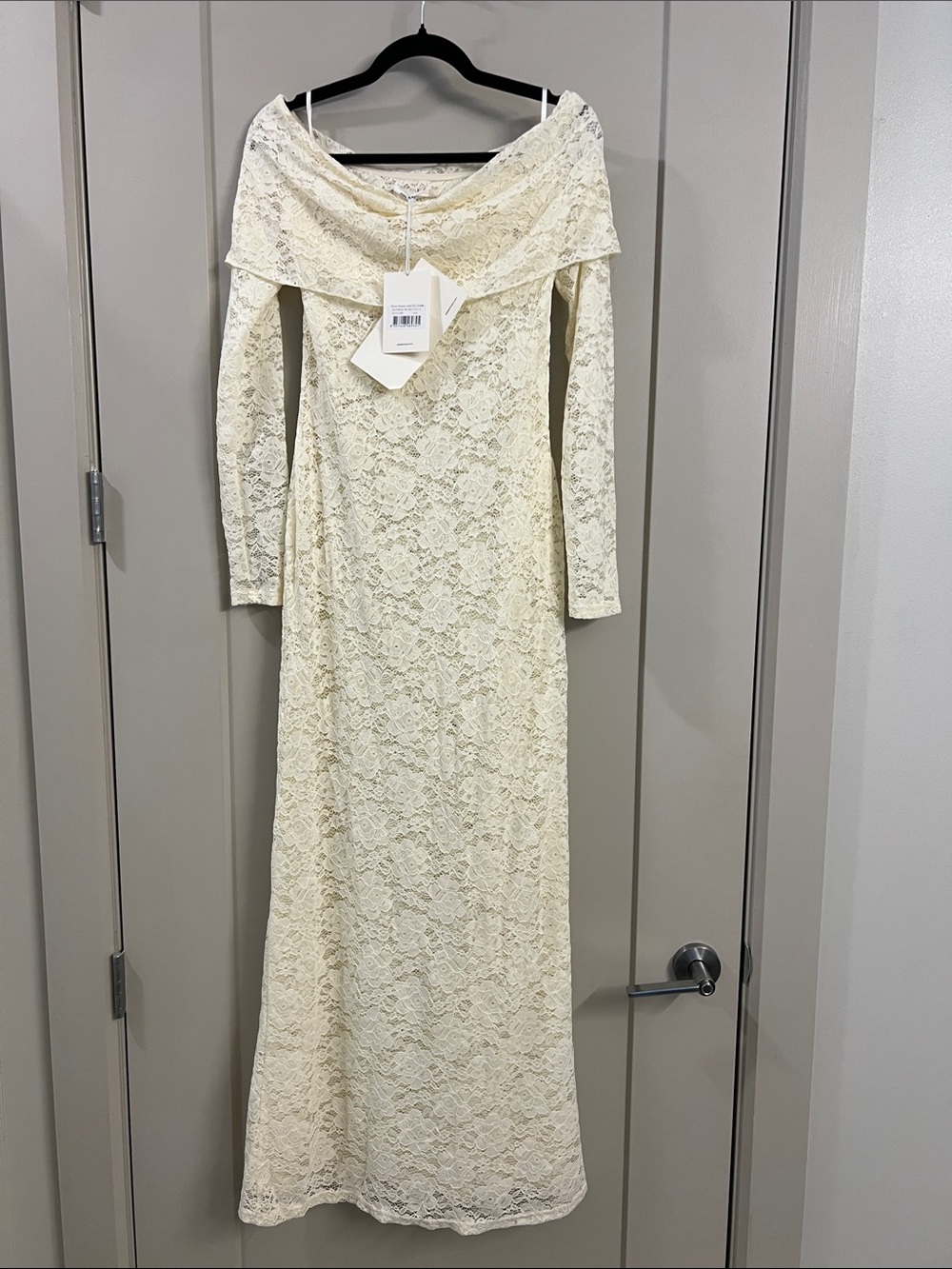 Peppermayo Cream Off-Shoulder Lace Long Sleeve Maxi Dress